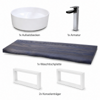 Waschbecken Set 100cm Eiche Baumkante Aufsatzbecken Armatur Weiß Matt