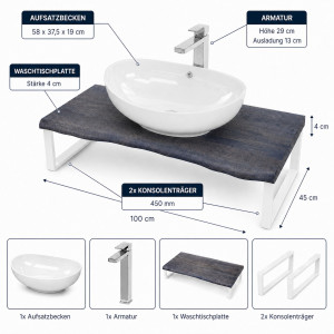 Waschbecken Set 100cm Eiche Baumkante Aufsatzbecken Armatur Weiß Matt