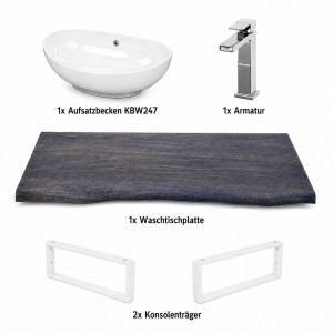 Waschbecken Set 100cm Eiche Baumkante Aufsatzbecken Armatur Weiß Matt