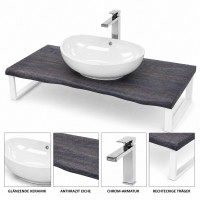 Waschbecken Set 100cm Eiche Baumkante Aufsatzbecken Armatur Weiß Matt