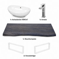 Waschbecken Set 100cm Eiche Baumkante Aufsatzbecken Armatur Weiß Matt